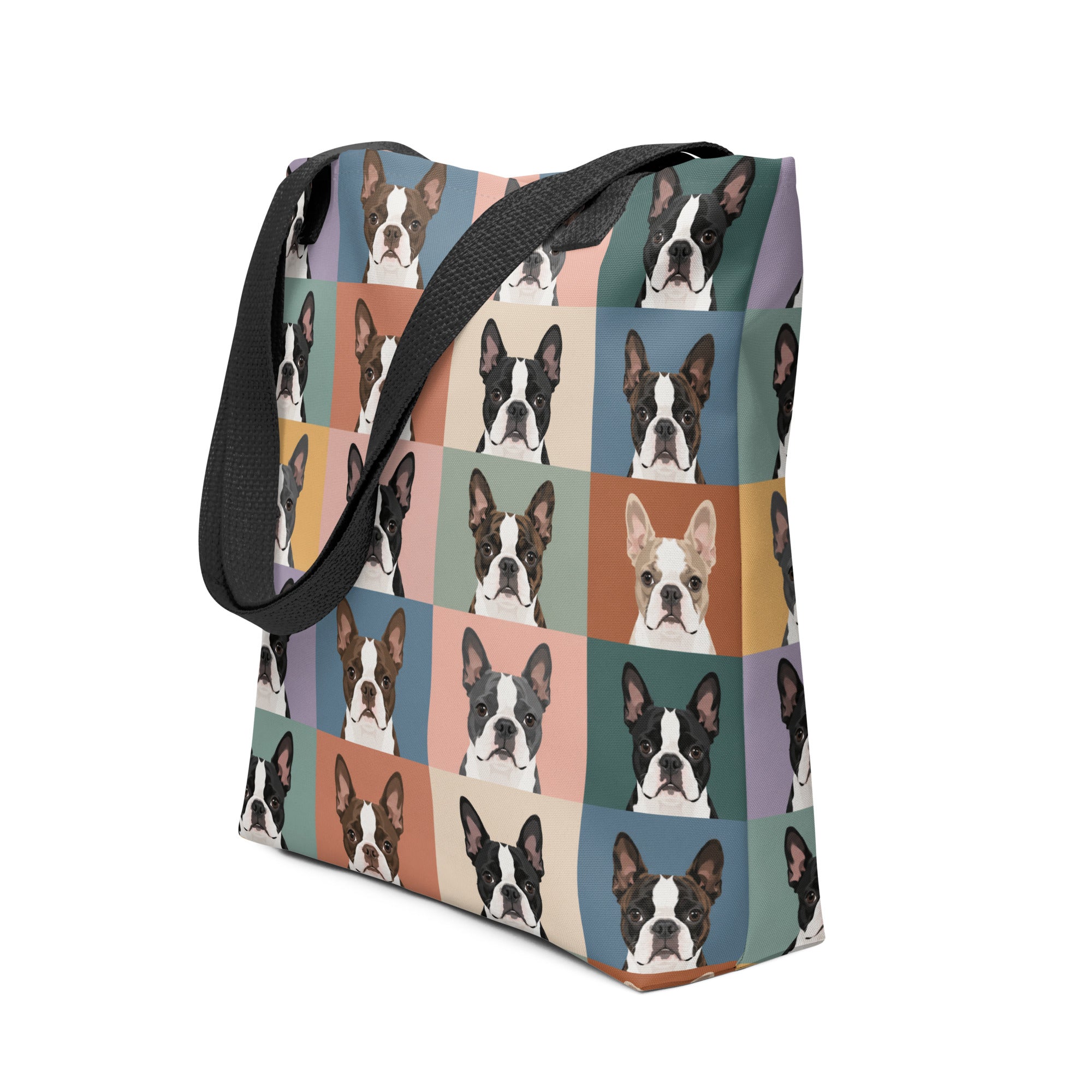 Pop Art Style Colored Boston Terriers Modern Tiles Pattern Tote Bag .
