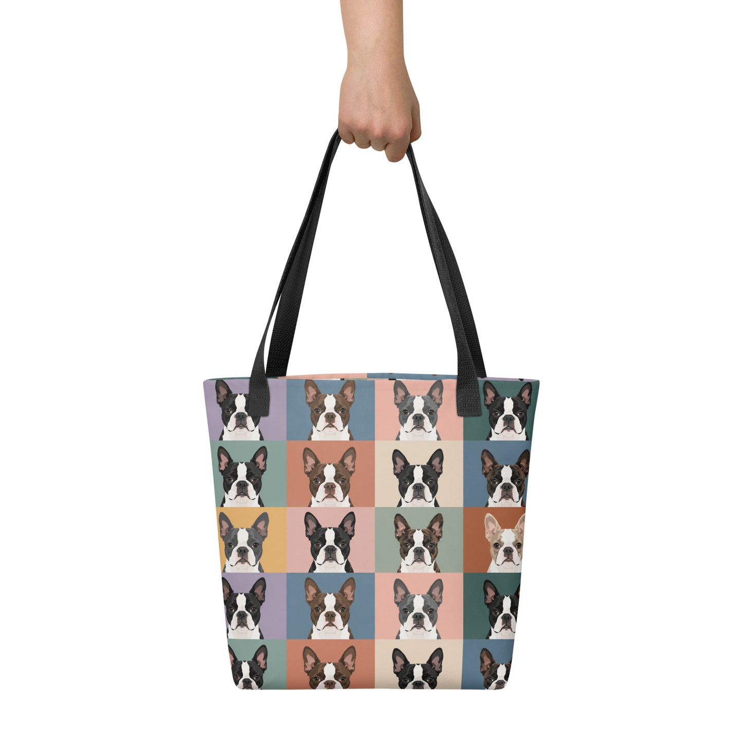 Pop Art Style Colored Boston Terriers Modern Tiles Pattern Tote Bag .