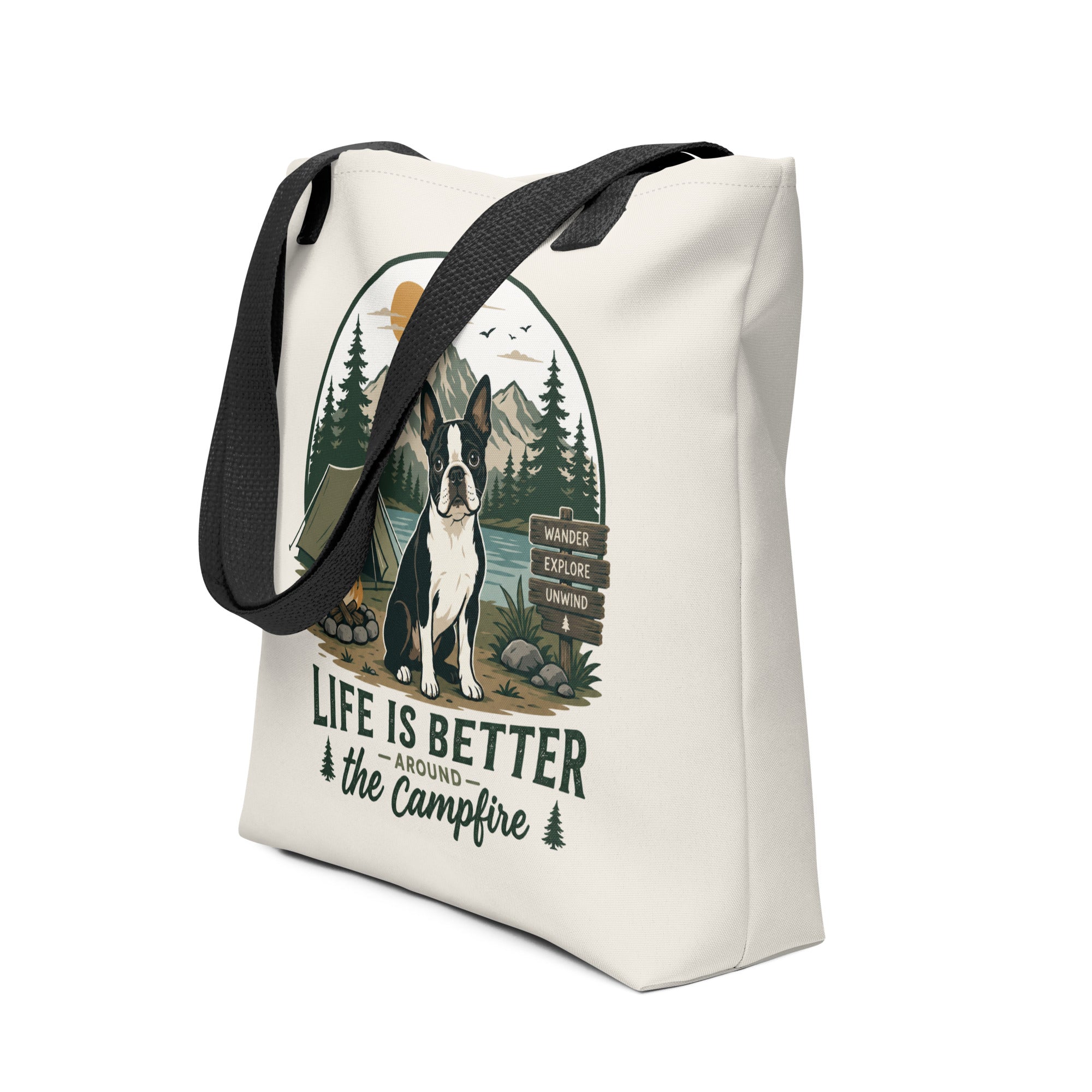 Life Is Better Around the Campfire Boston Terrier Bag, Camping Dog Lover Tote Bag - Natural Cream .