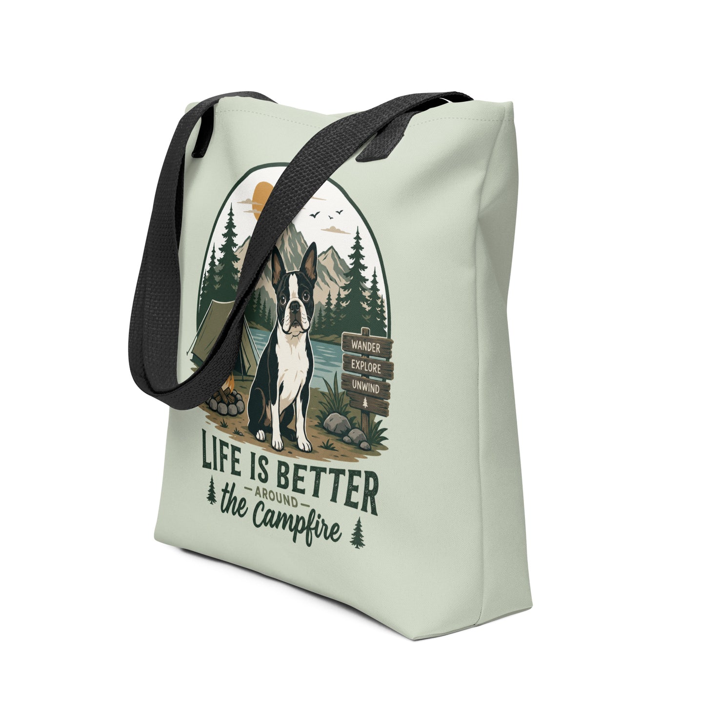 Life Is Better Around the Campfire Boston Terrier Bag, Camping Dog Lover Tote Bag - Light Sage .