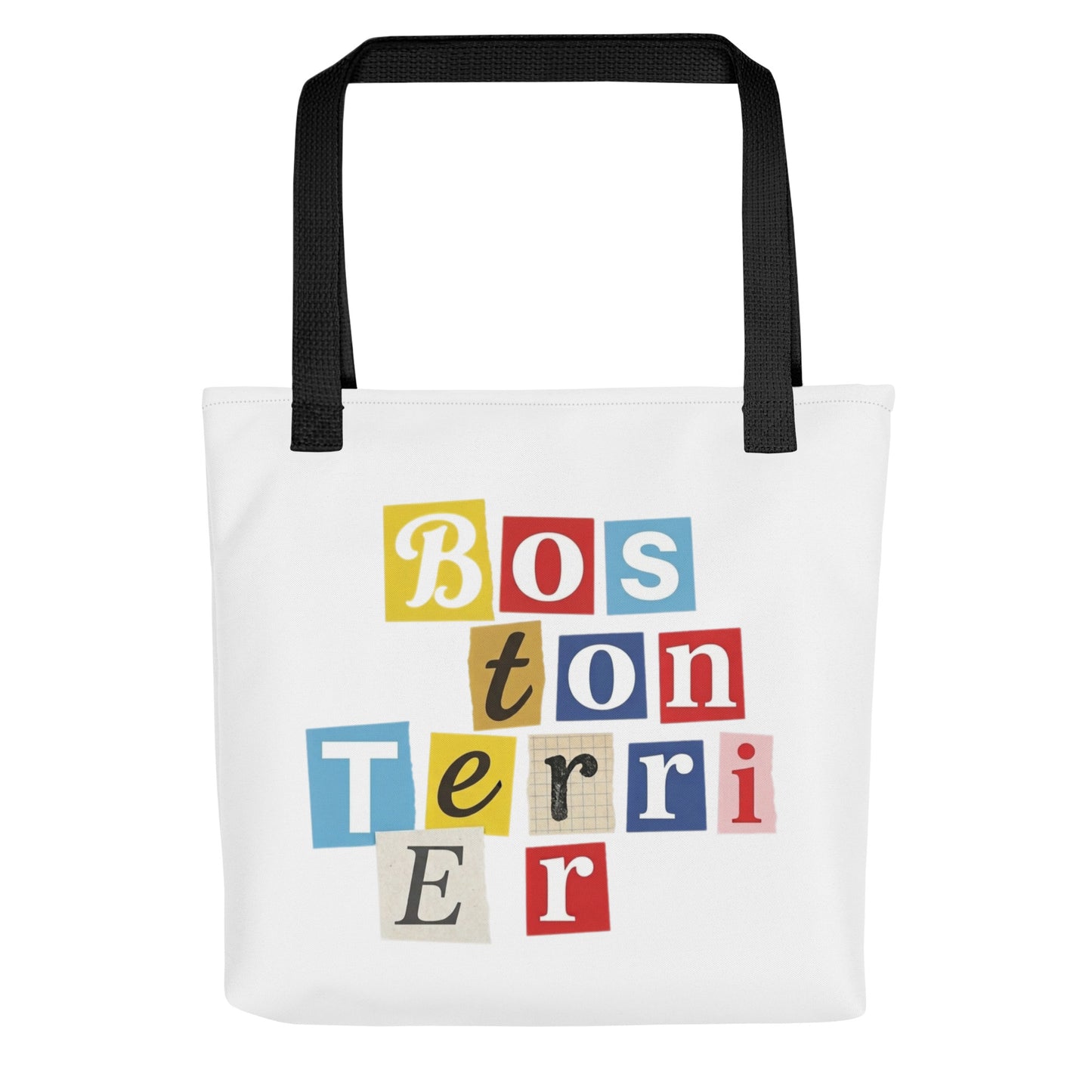 1970s British Punk Ransom Note Boston Terrier Tote Bag – Vintage Dada Collage Dog Lover Tote Bag . Black