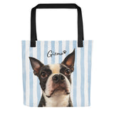Custom Striped Dog Portrait Tote Bag - Watercolor Art Using Photo(s) And Name(s) . Black
