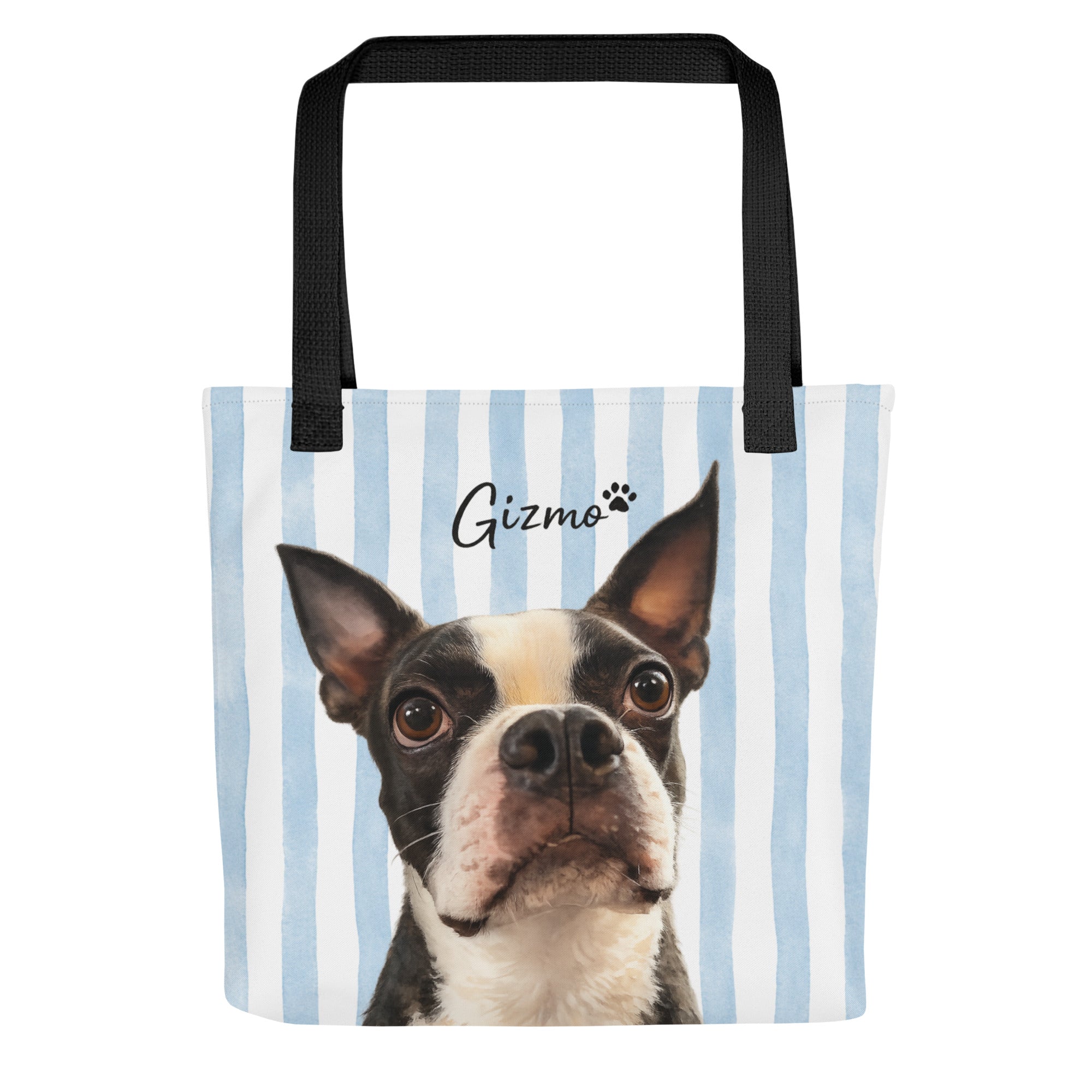 Custom Striped Dog Portrait Tote Bag - Watercolor Art Using Photo(s) And Name(s) . Black