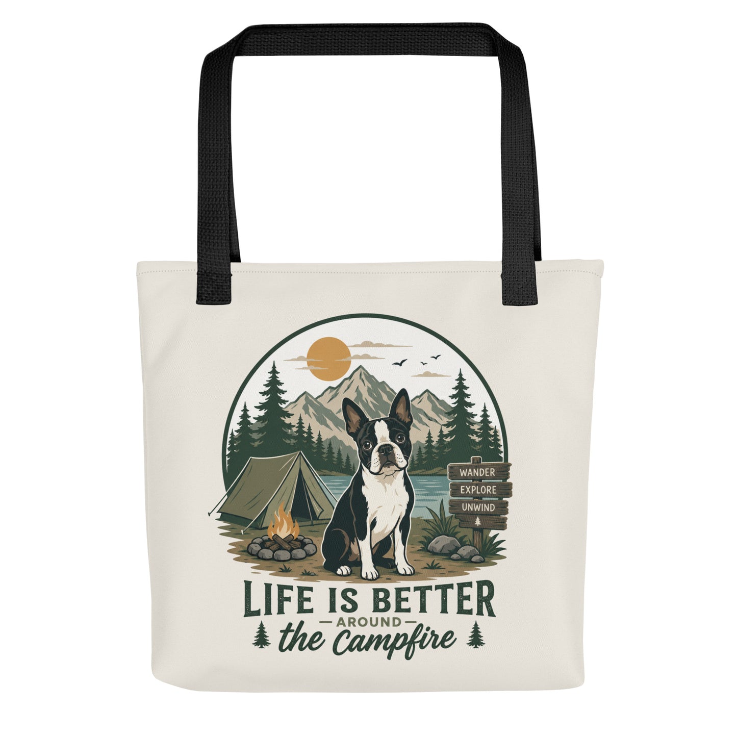 Life Is Better Around the Campfire Boston Terrier Bag, Camping Dog Lover Tote Bag - Natural Cream . Default Title