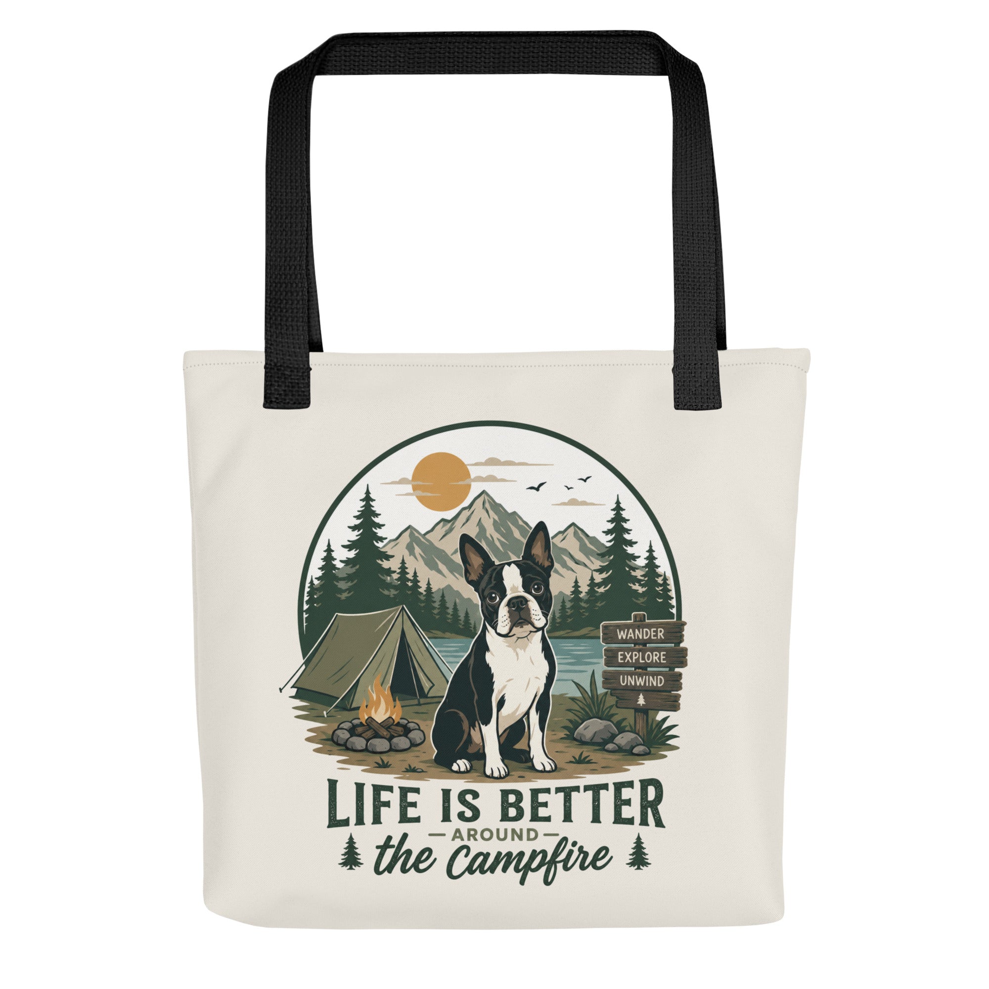 Life Is Better Around the Campfire Boston Terrier Bag, Camping Dog Lover Tote Bag - Natural Cream . Default Title