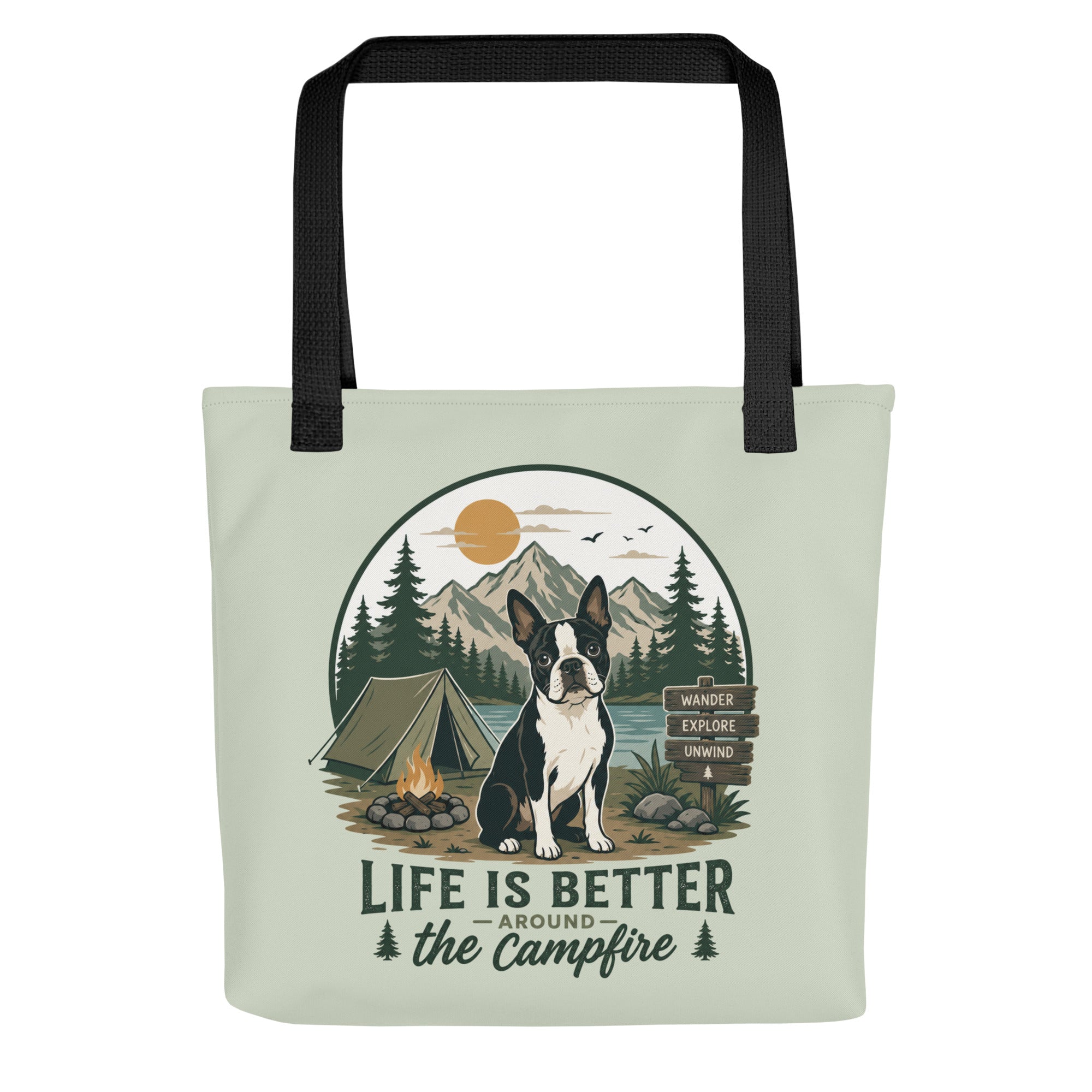 Life Is Better Around the Campfire Boston Terrier Bag, Camping Dog Lover Tote Bag - Light Sage . Default Title