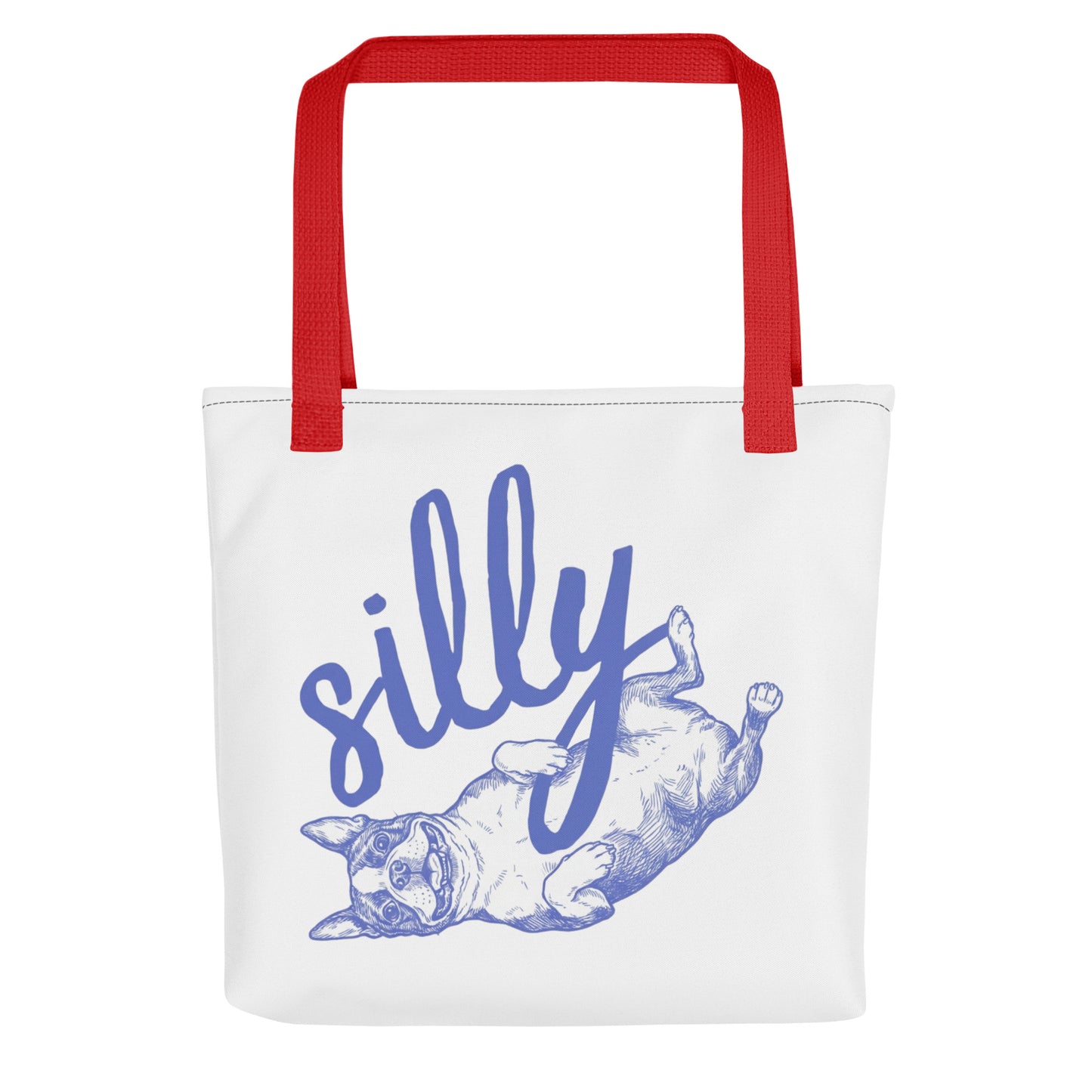 Silly Boston Terrier Dog Upside Down Tote Bag . Red