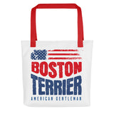 Boston Terrier American Flag White Tote Bag – 4th of July Patriotic Dog Tote Bag | USA 250th Birthday Tote Bag . Red