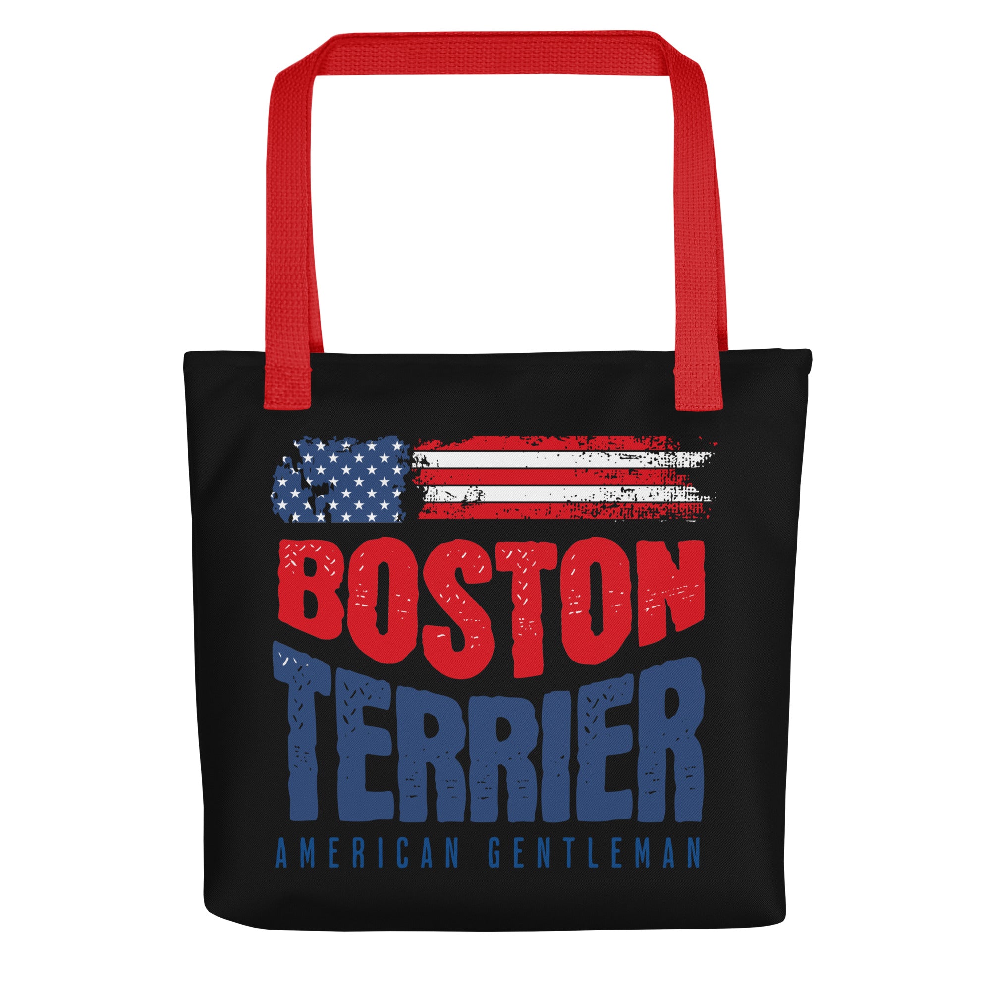 Boston Terrier American Flag Black Tote Bag – 4th of July Patriotic Dog Tote Bag | USA 250th Birthday Tote Bag . Red