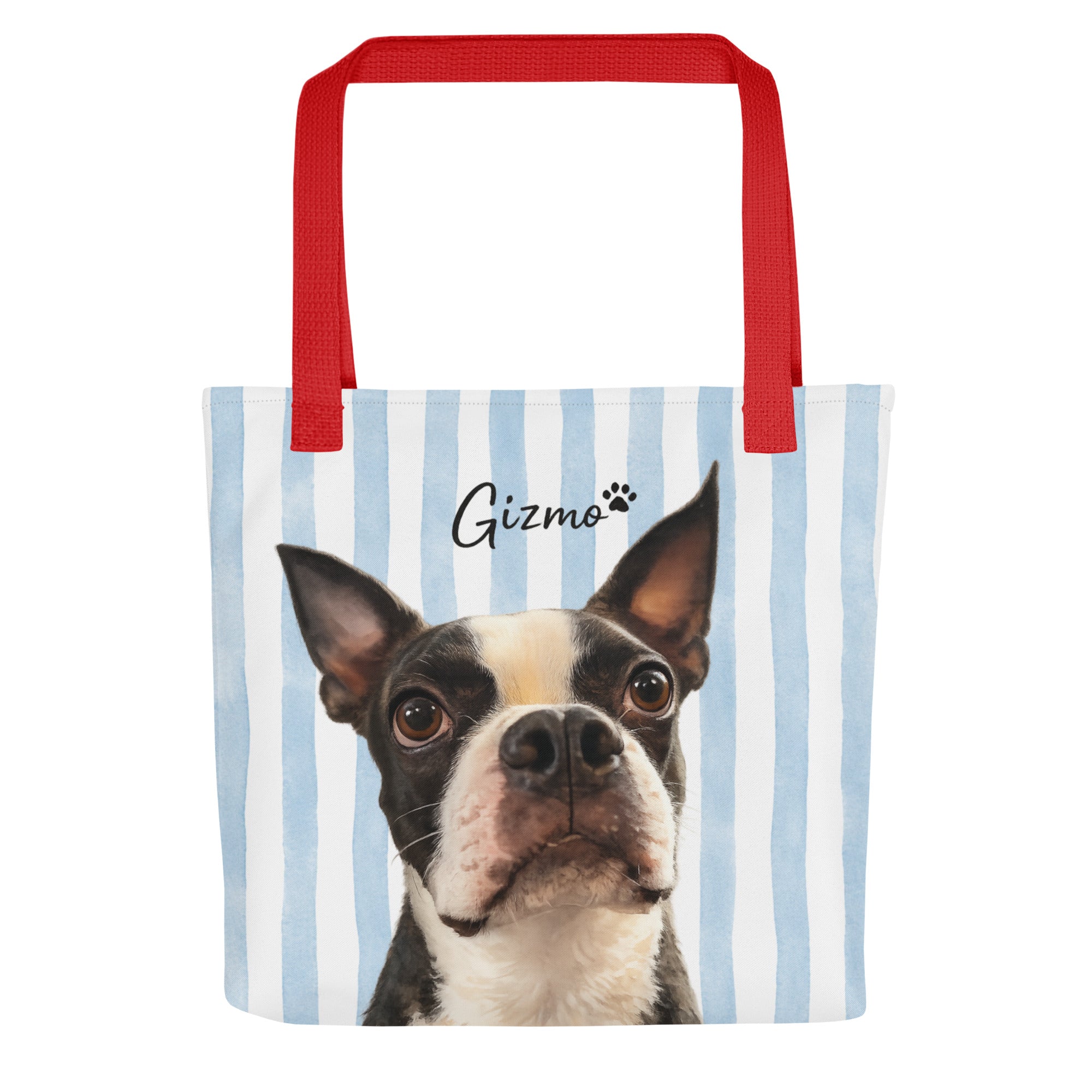 Custom Striped Dog Portrait Tote Bag - Watercolor Art Using Photo(s) And Name(s) . Red