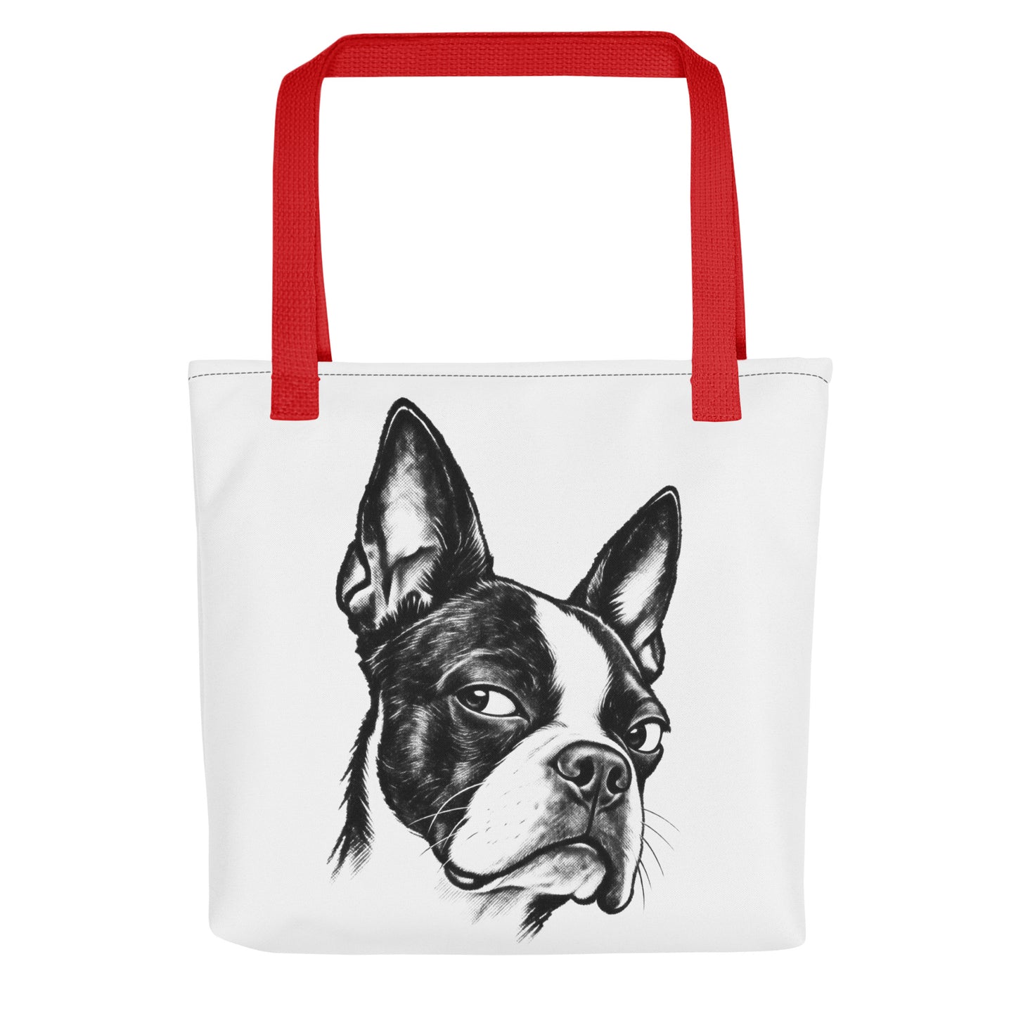 Suspicious Side Eye Boston Terrier Tote Bag . Red