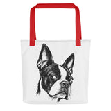 Suspicious Side Eye Boston Terrier Tote Bag . Red