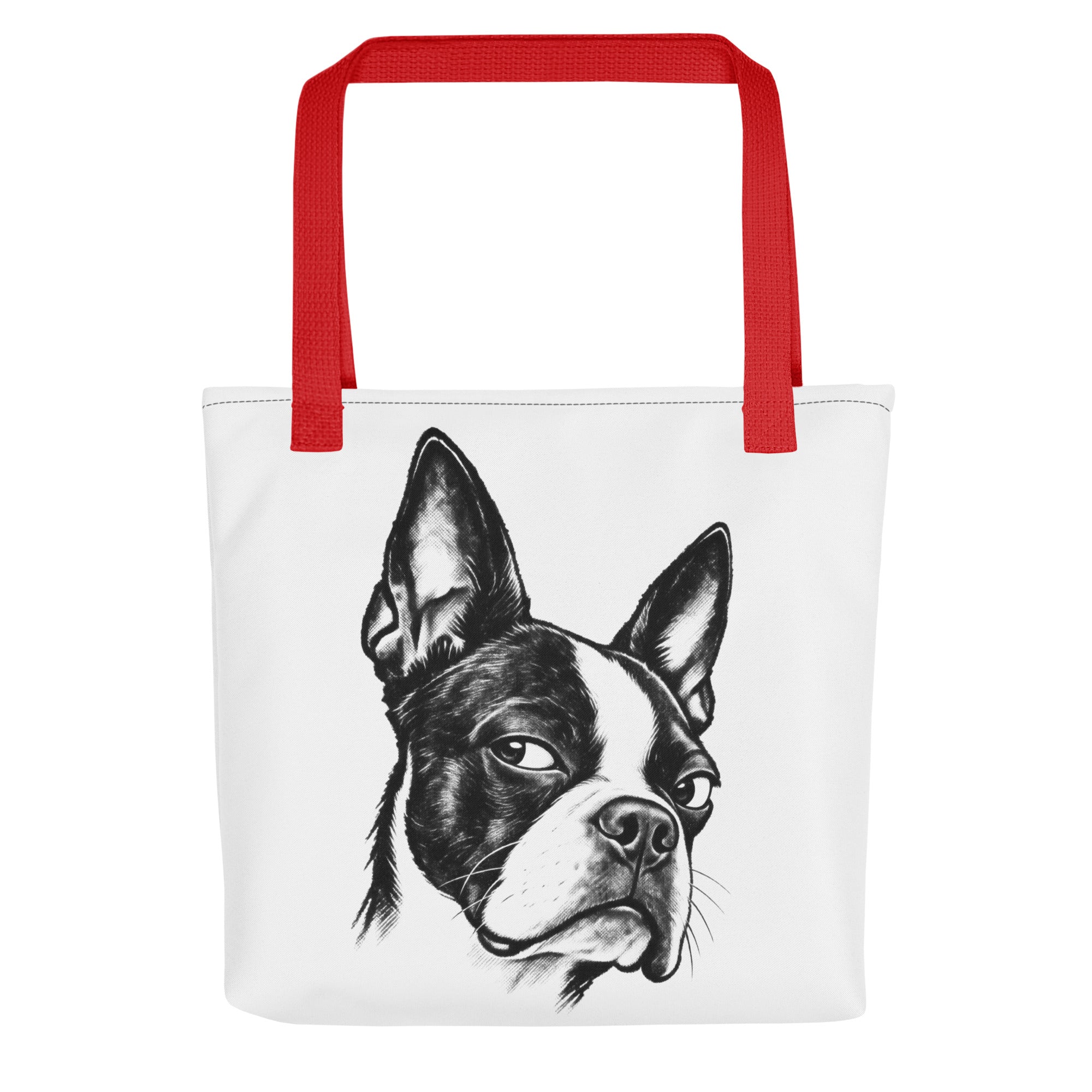 Suspicious Side Eye Boston Terrier Tote Bag . Red