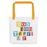 1970s British Punk Ransom Note Boston Terrier Tote Bag – Vintage Dada Collage Dog Lover Tote Bag . Yellow