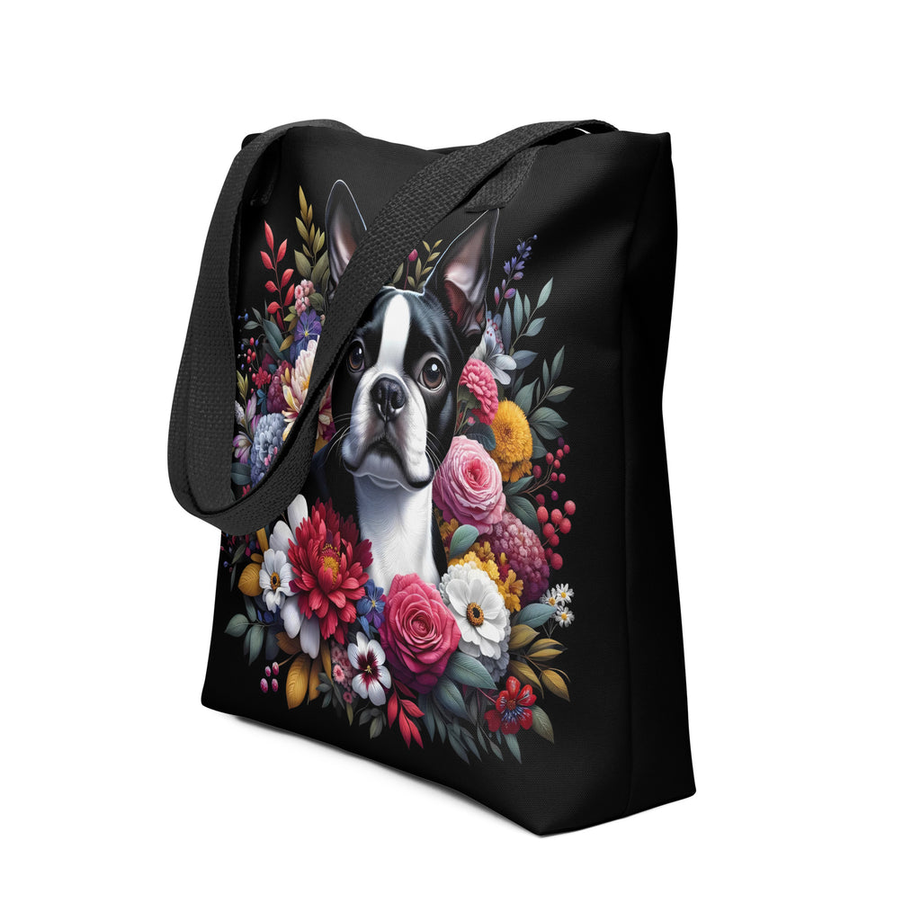 Floral Boston Terrier Dog Tote Bag