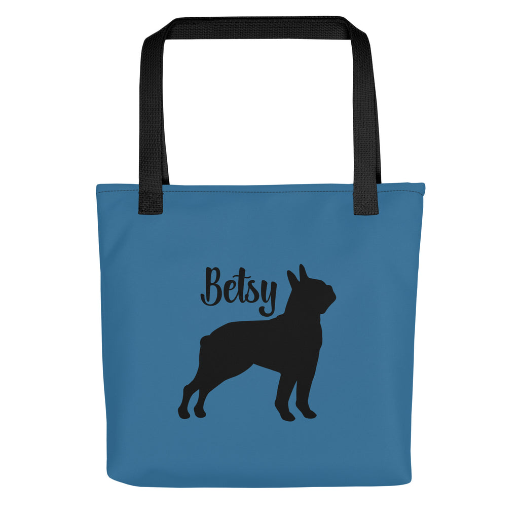 Custom Name with Boston Terrier Silhouette Tote Bag - Ocean Blue