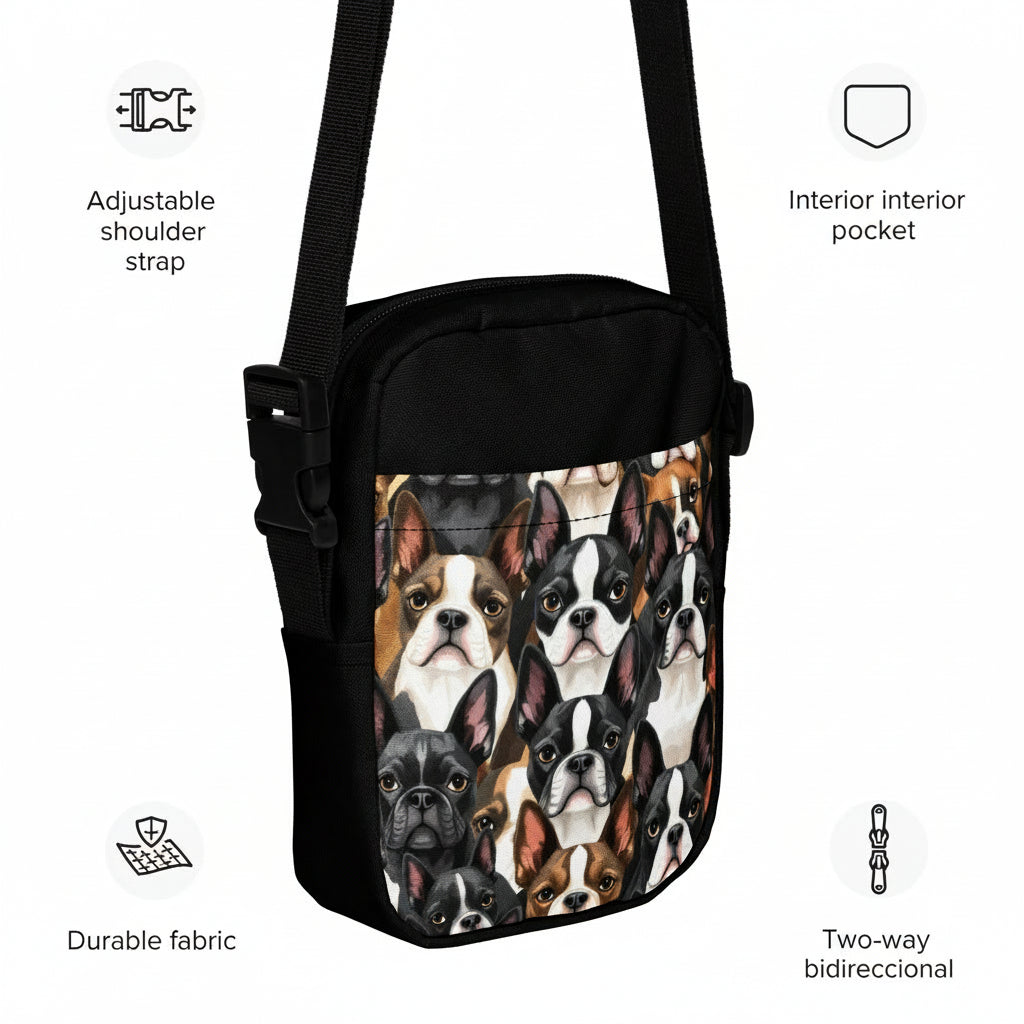 Boston Terrier Dogs Crowd Utility Crossbody Bag .