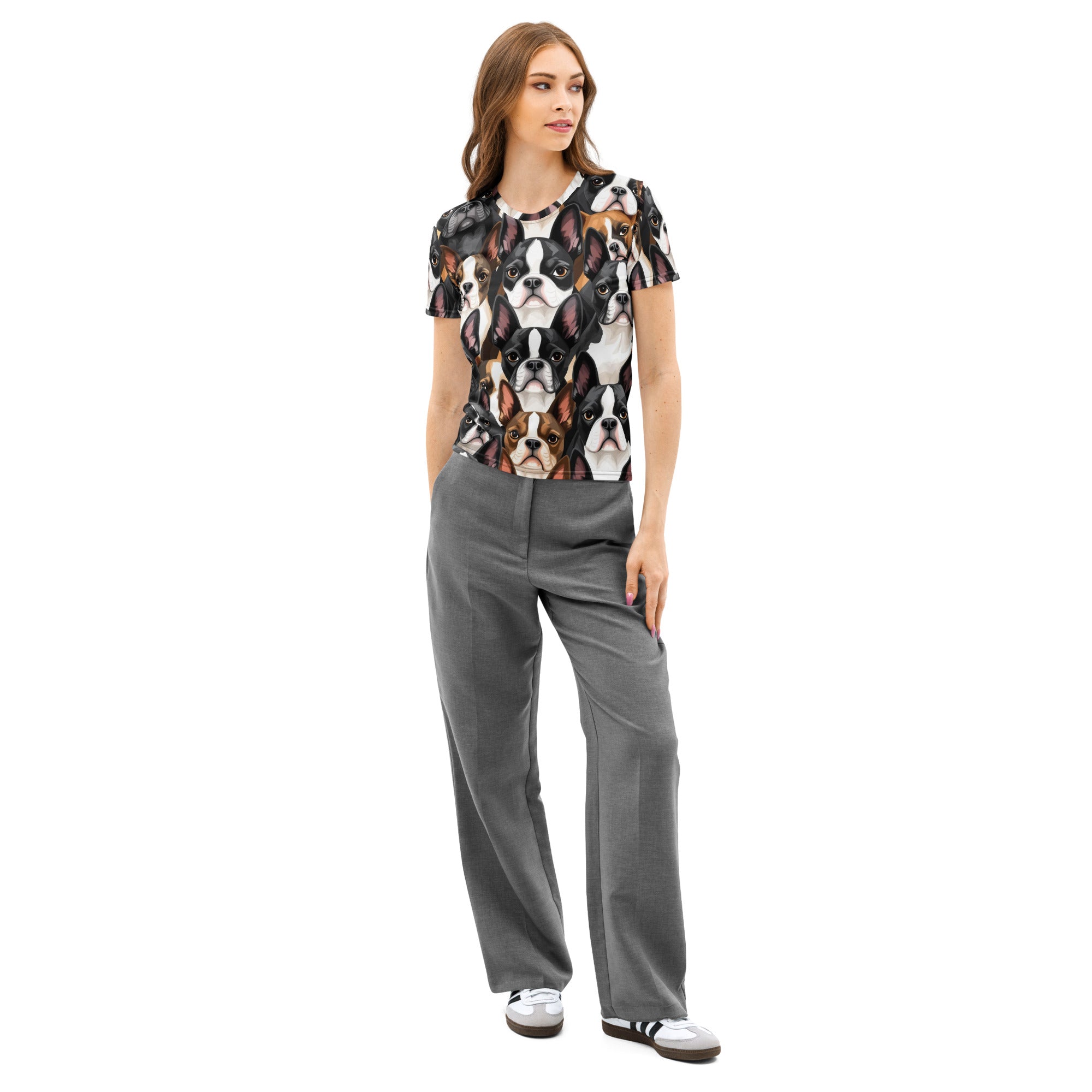 Boston Terrier Dogs Crowd Women’s Cotton Crew Neck T-Shirt .