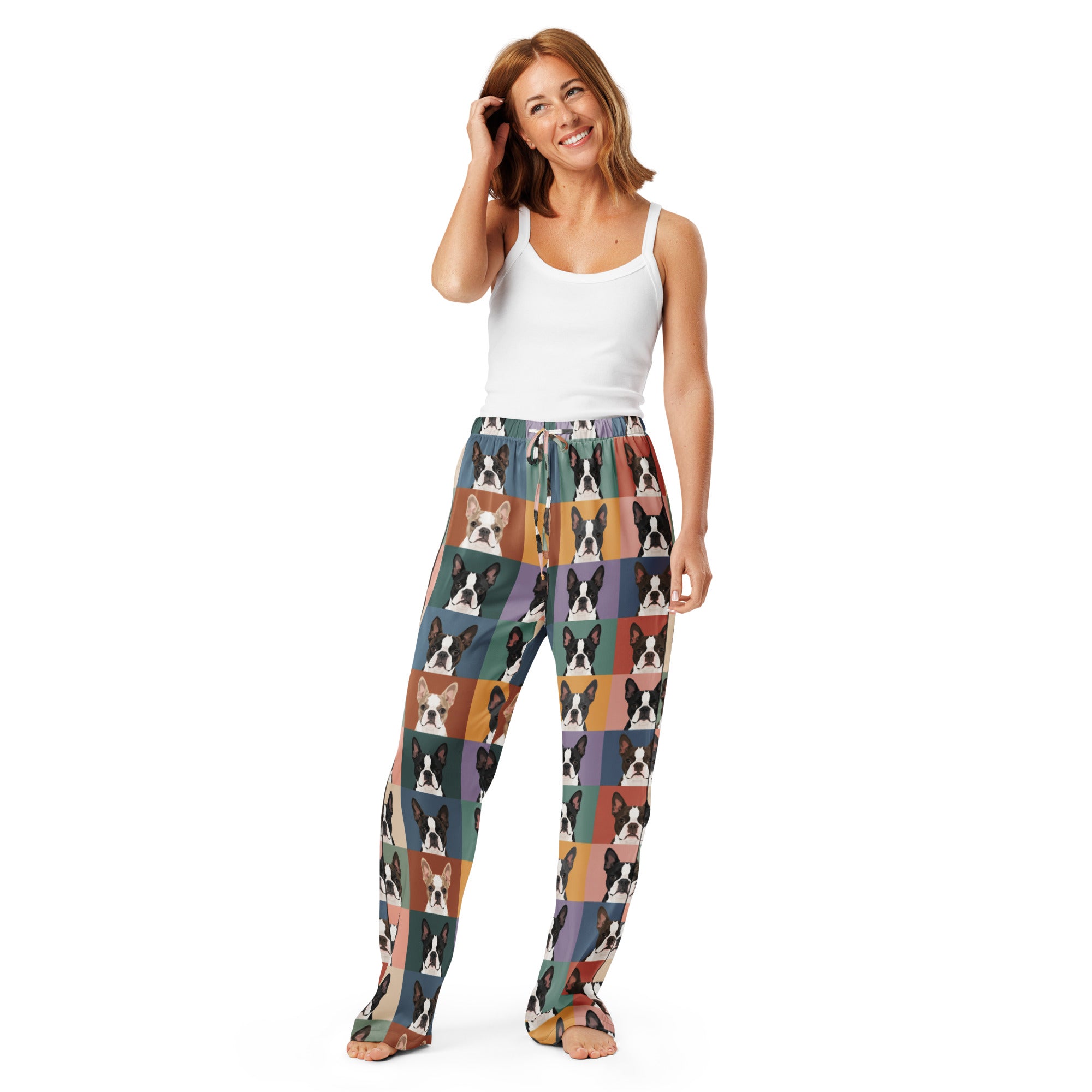 Pop Art Style Colored Boston Terriers Modern Tiles Pattern Women’s Pajama Pants .