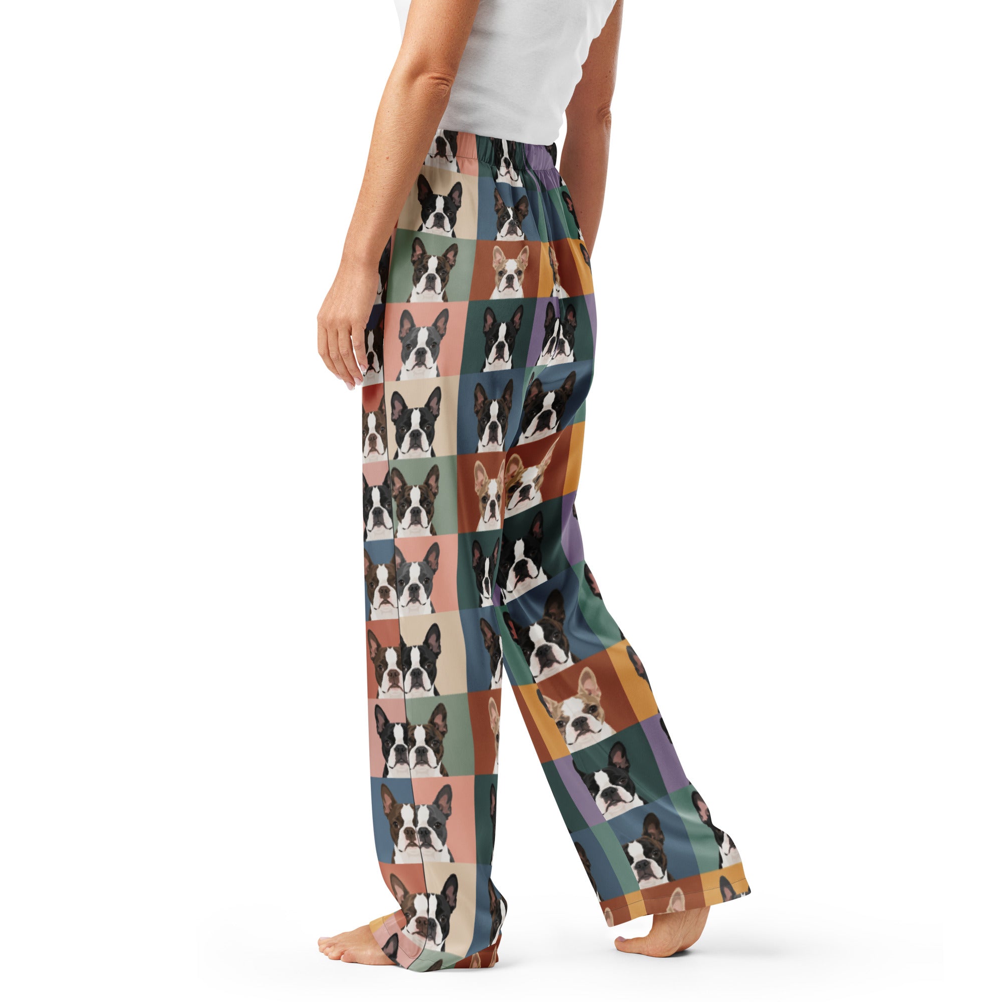 Pop Art Style Colored Boston Terriers Modern Tiles Pattern Women’s Pajama Pants .