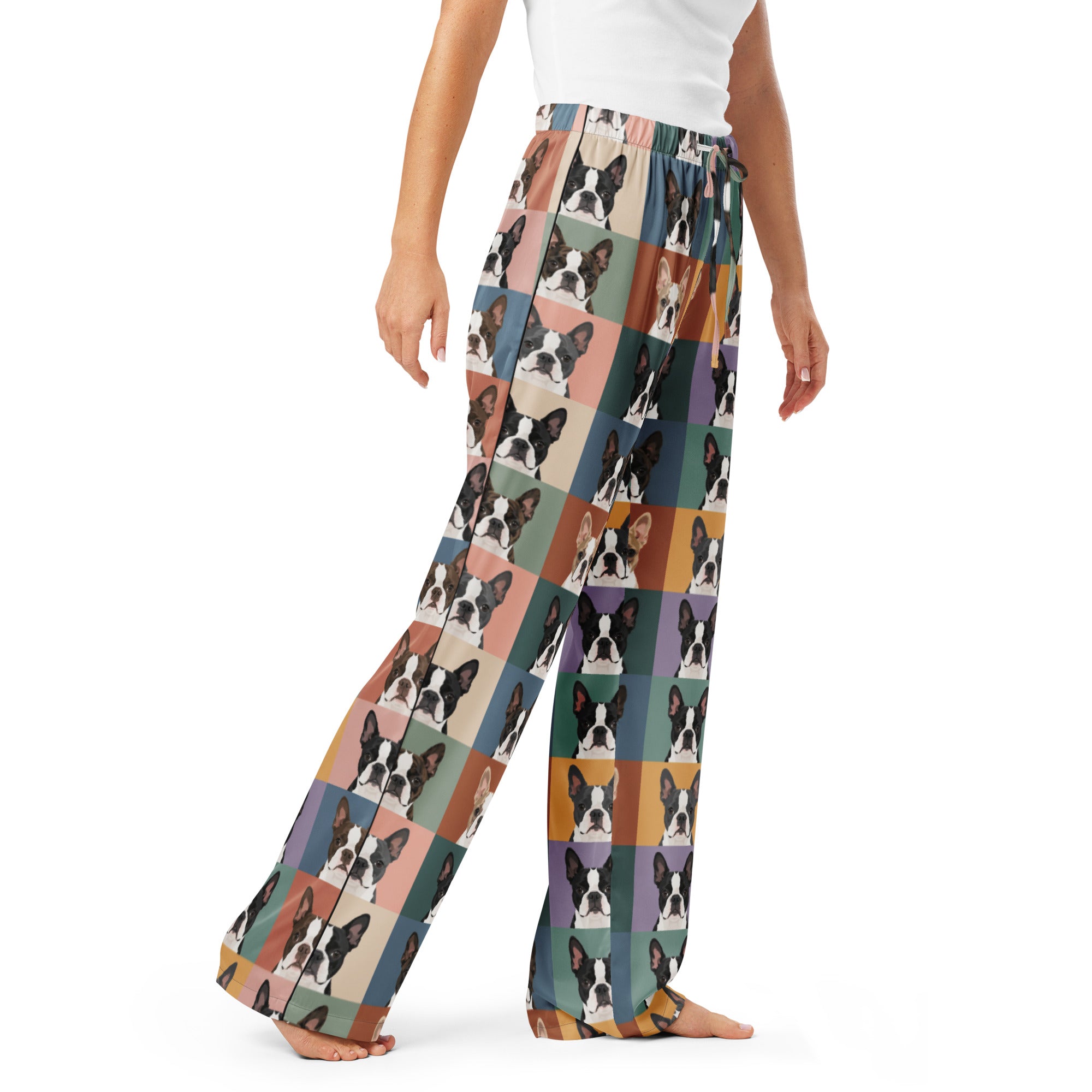 Pop Art Style Colored Boston Terriers Modern Tiles Pattern Women’s Pajama Pants .