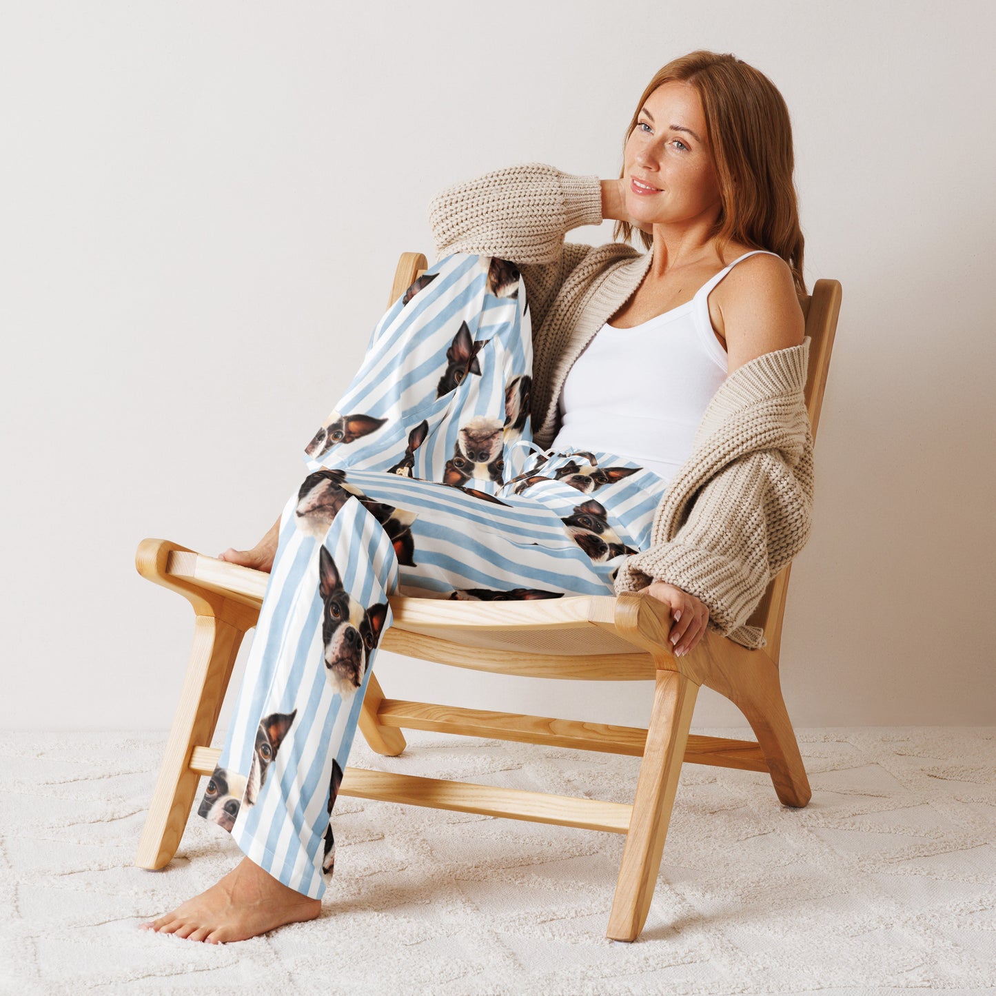 Custom Striped Dog Portrait Women's Pajama Pants - Watercolor Art Using Photo(s) .