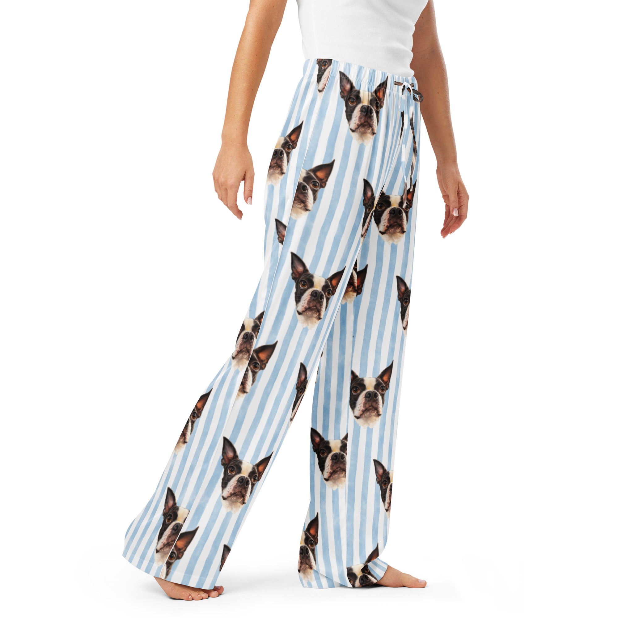 Custom Striped Dog Portrait Women's Pajama Pants - Watercolor Art Using Photo(s) .