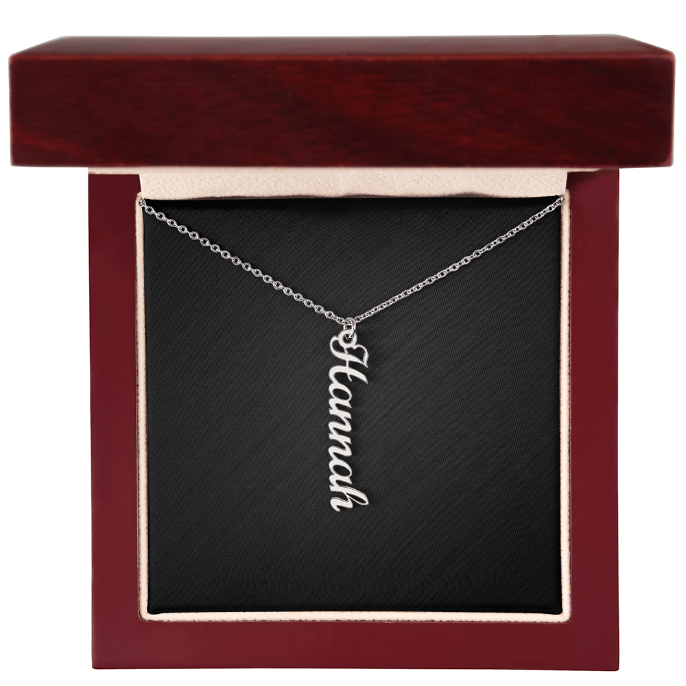 Custom Vertical Dog Name Necklace . Polished Stainless Steel Luxury Box