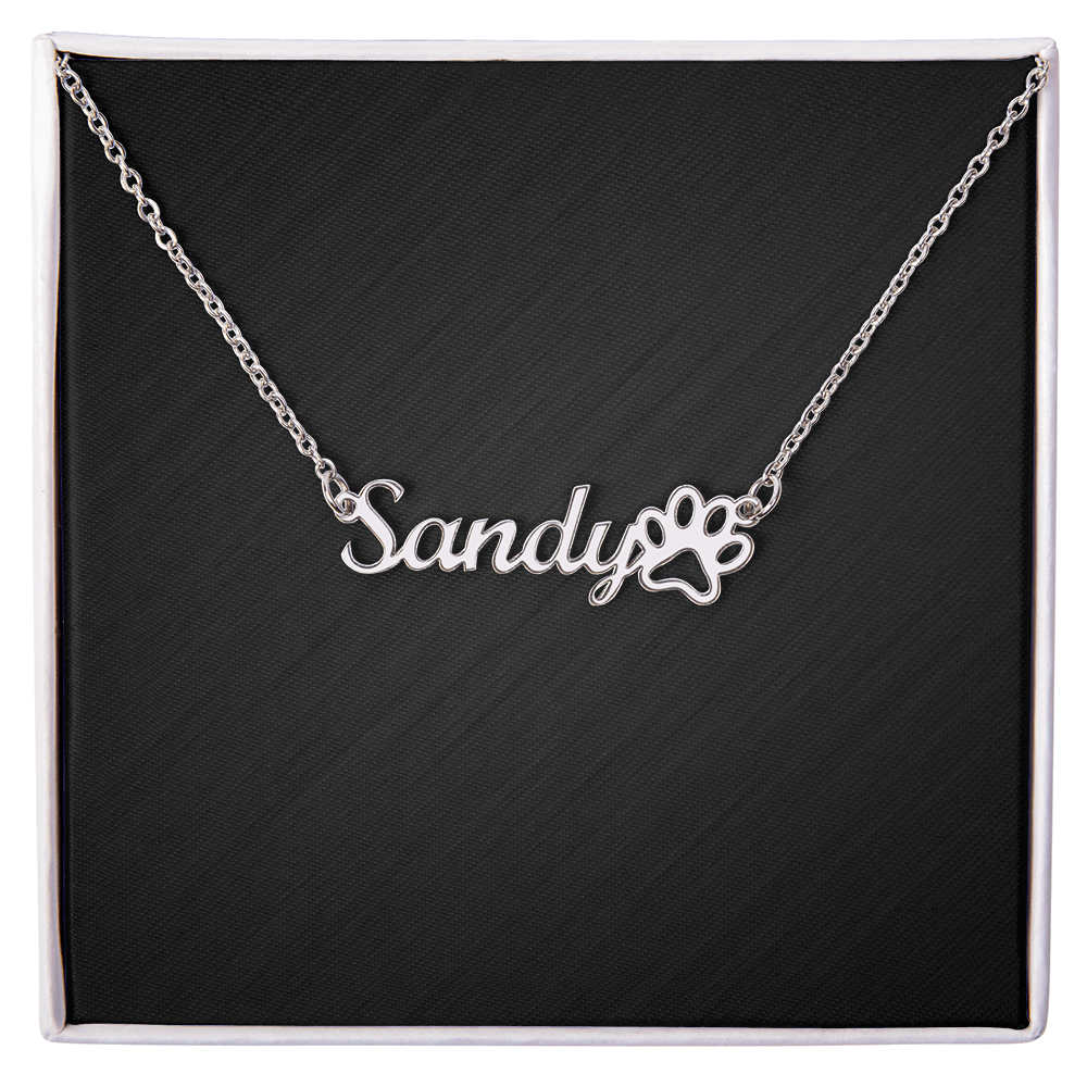 Custom Dog Name With Paw Print Necklace . Polished Stainless Steel Standard Box