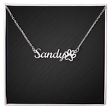 Custom Dog Name With Paw Print Necklace . Polished Stainless Steel Standard Box