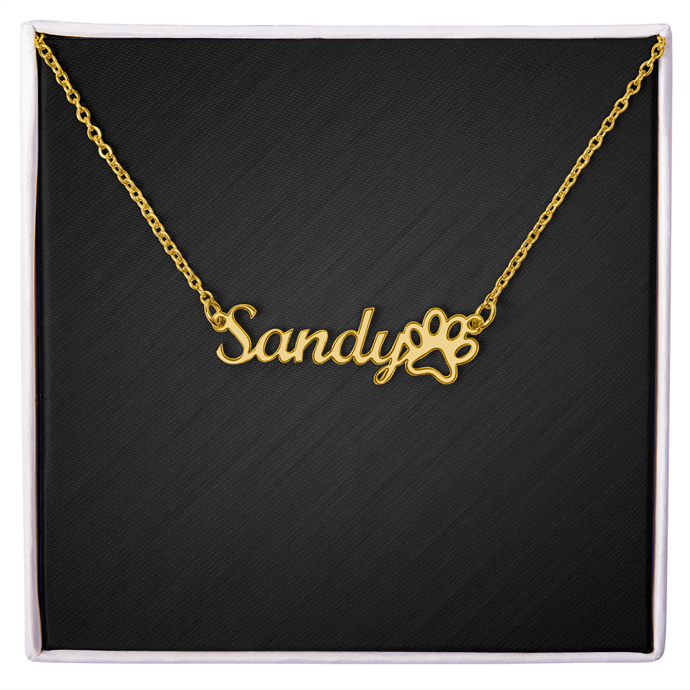 Custom Dog Name With Paw Print Necklace . 18k Yellow Gold Finish Standard Box