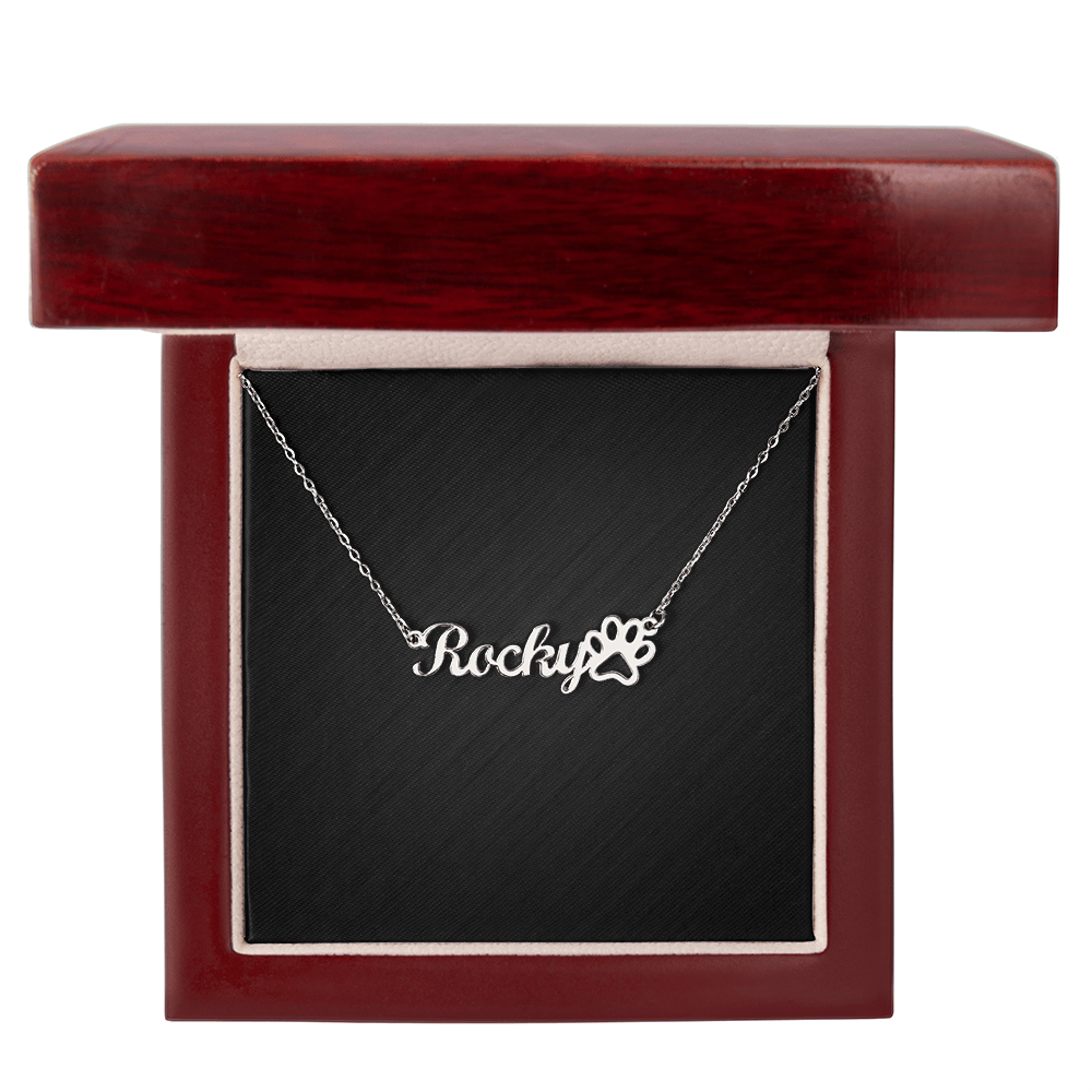 Custom Dog Name With Paw Print Necklace . Polished Stainless Steel Luxury Box