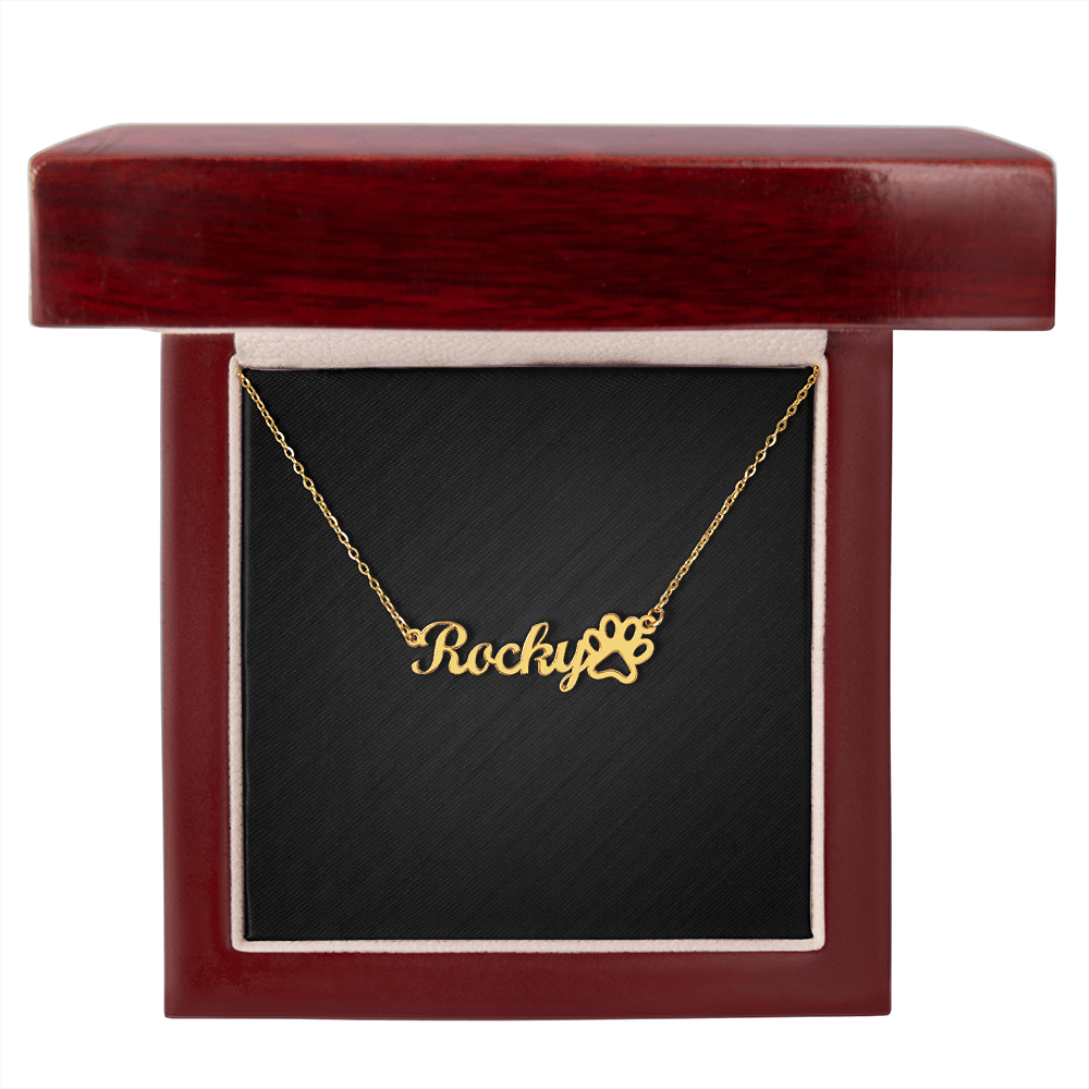Custom Dog Name With Paw Print Necklace . 18k Yellow Gold Finish Luxury Box