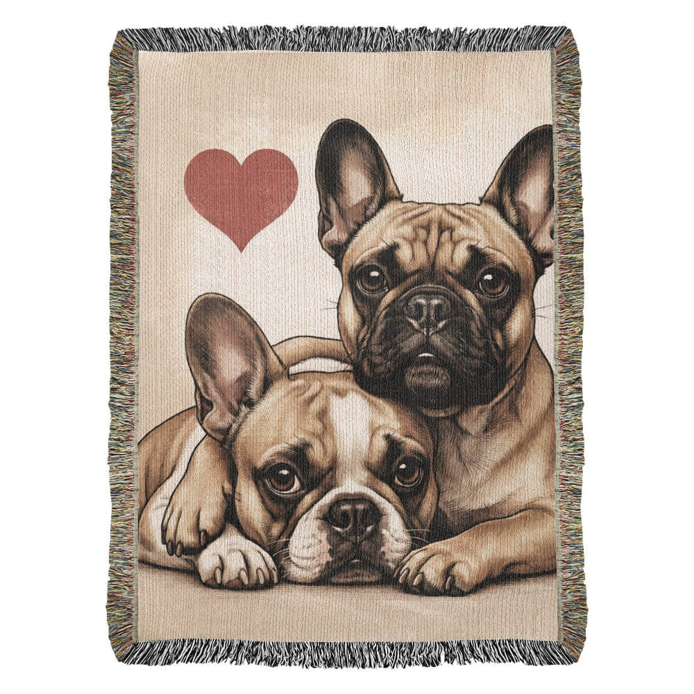 Two French Bulldogs Love Portrait Fringe Woven Blanket . 37" x 52"