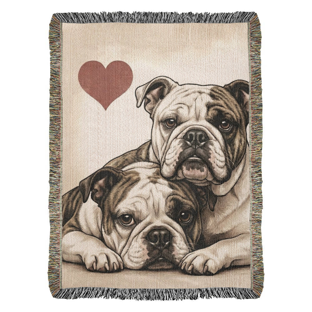 Two English Bullogs Love Portrait Fringe Woven Blanket . 37" x 52"