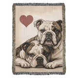 Two English Bullogs Love Portrait Fringe Woven Blanket . 37" x 52"