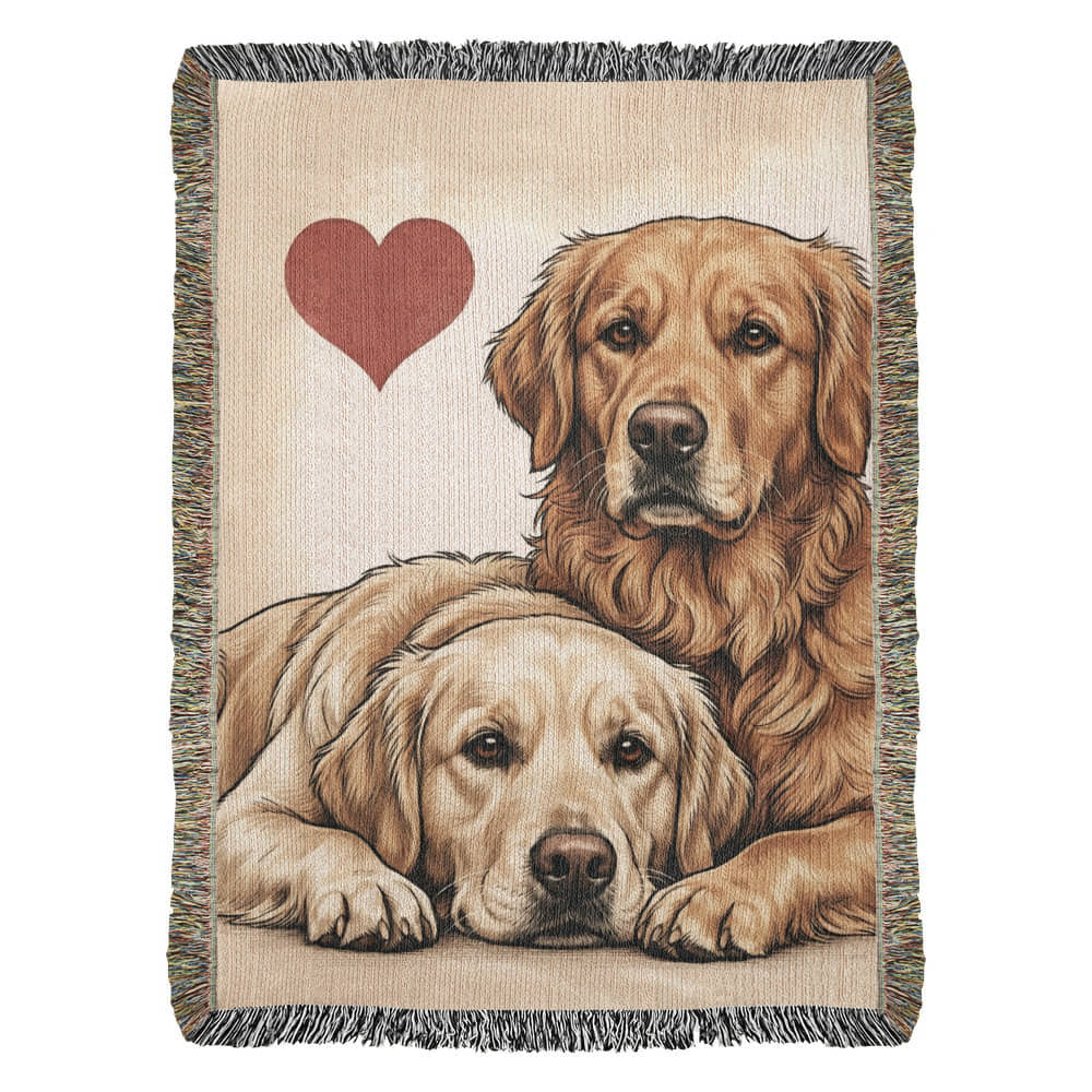 Two Golden Retrievers Love Portrait Fringe Woven Blanket . 37" x 52"