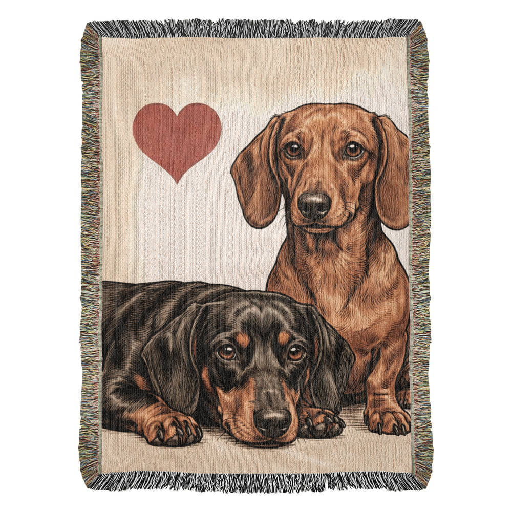 Two Dachshunds Love Portrait Fringe Woven Blanket . 37" x 52"