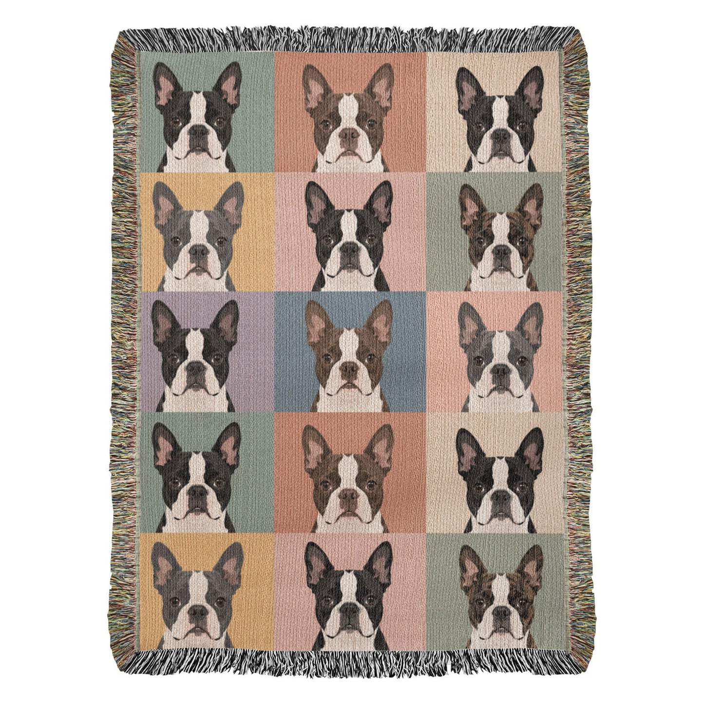 Pop Art Style Colored Boston Terriers Modern Tiles Pattern Woven Blanket . 37" x 52"
