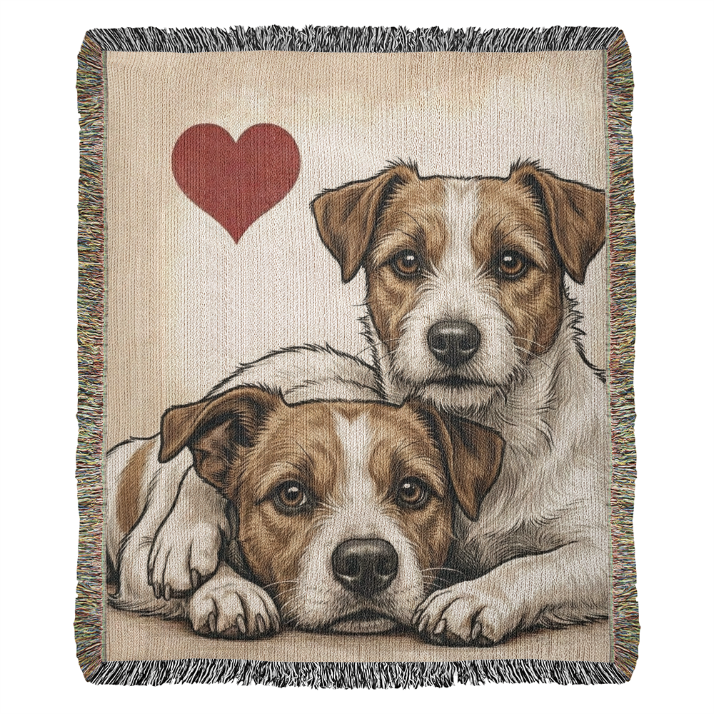 Two Jack Russell Terriers Love Portrait Fringe Woven Blanket