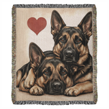 Two German Shepherds Love Portrait Fringe Woven Blanket