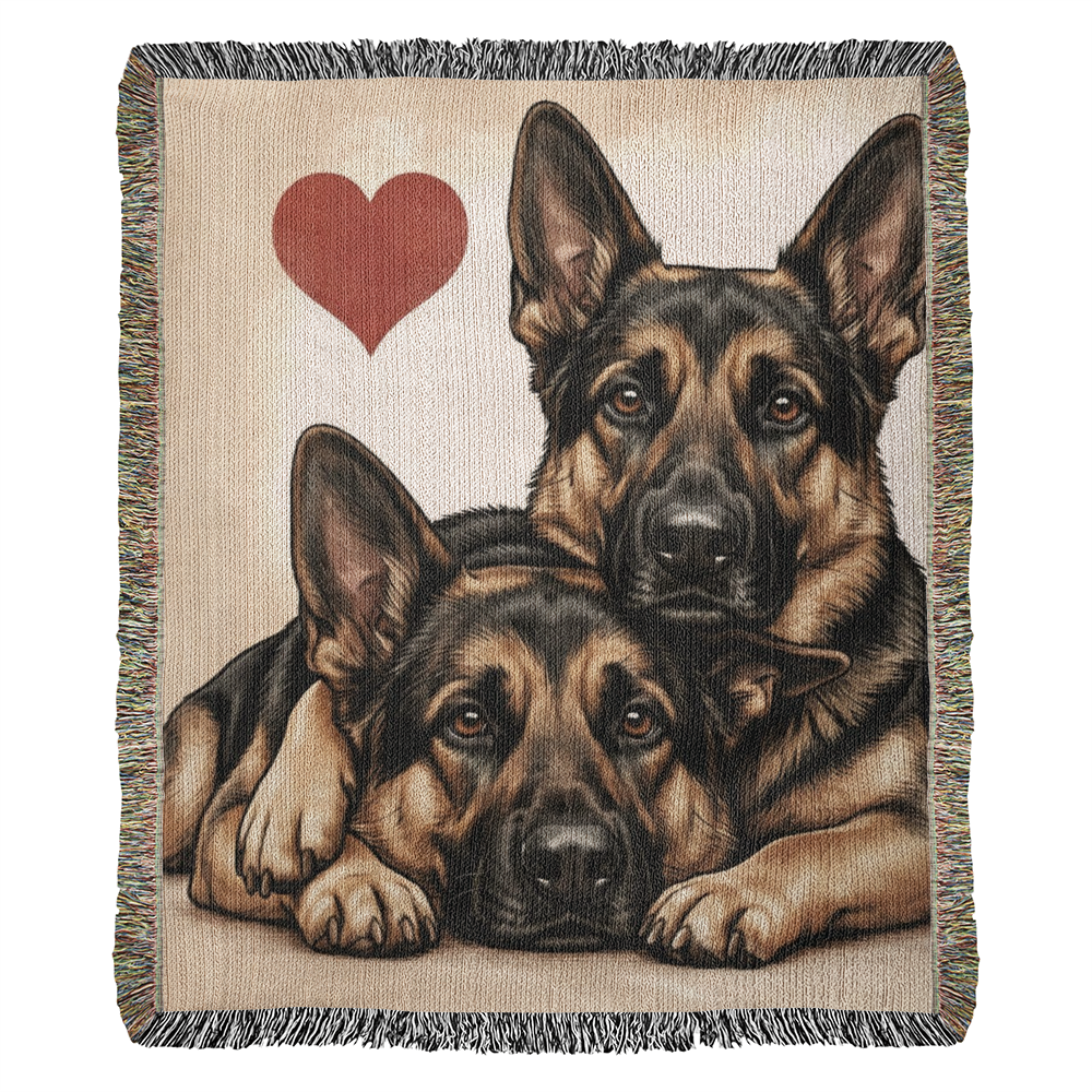 Two German Shepherds Love Portrait Fringe Woven Blanket