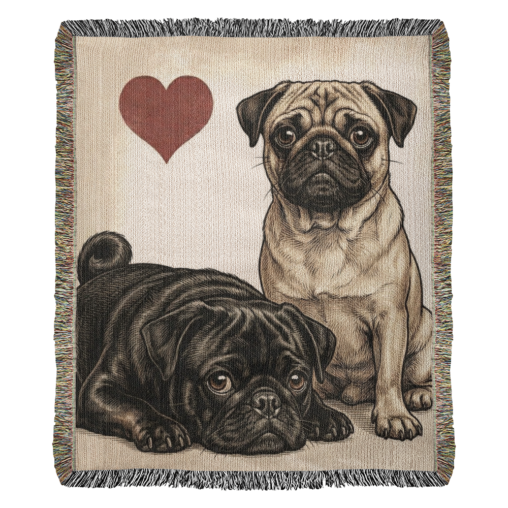 Two Pugs Love Portrait Fringe Woven Blanket . 50" x 60"