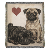 Two Pugs Love Portrait Fringe Woven Blanket . 50" x 60"