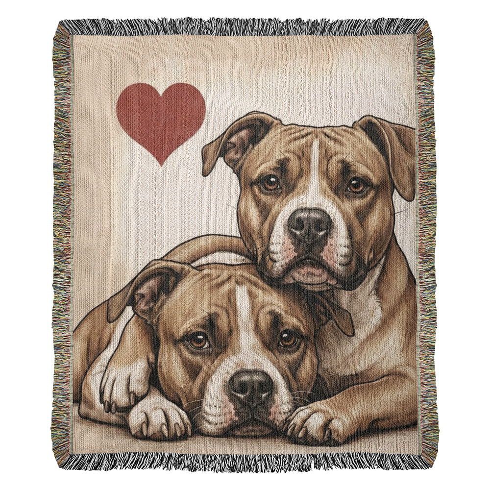 Two Pit Bulls Love Portrait Fringe Woven Blanket . 50" x 60"