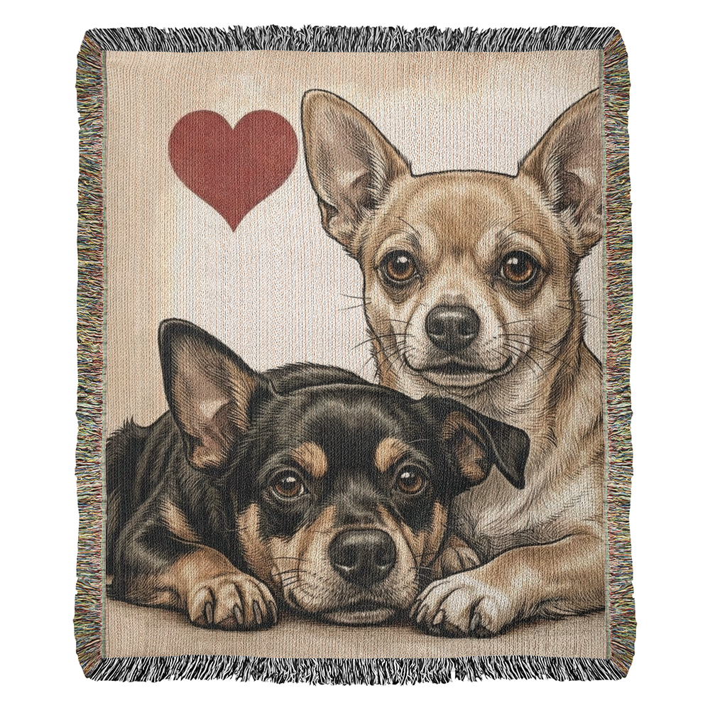 Two Chihuahuas Love Portrait Fringe Woven Blanket