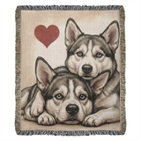Two Siberian Huskys Love Portrait Fringe Woven Blanket . 50" x 60"