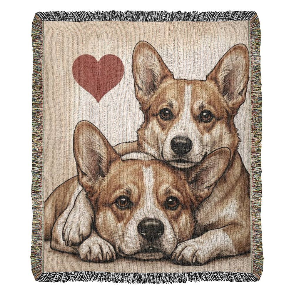 Two Corgis Love Portrait Fringe Woven Blanket . 50" x 60"