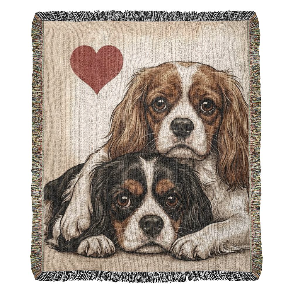 Two Cavalier King Charles Spaniels Love Portrait Fringe Woven Blanket . 50" x 60"