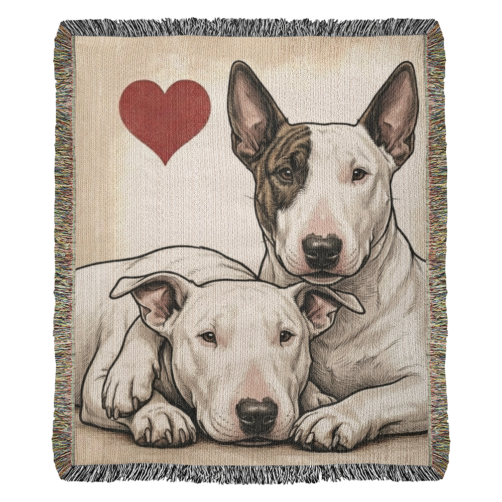 Two Miniature Bull Terriers Love Portrait Fringe Woven Blanket